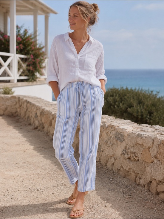 Dash Pants - DASH Gauzy Cotton Pants Blue White Stripe Size Medium Coastal Cropped Breathable
